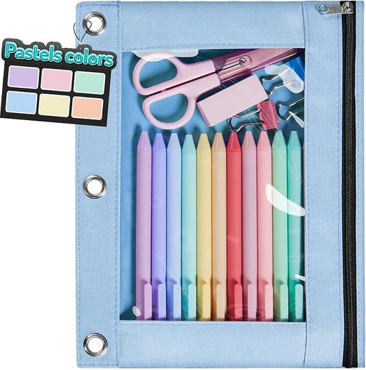 Forvencer Pencil Pouch for 3 Ring Binder, Pastels Pencil Case with Smooth Zipper, Cute Soft Pen Bag with Clear Window & 3 Reinforced Grommets, Big Capacity Binder Bag, School Office Supplies, Blue