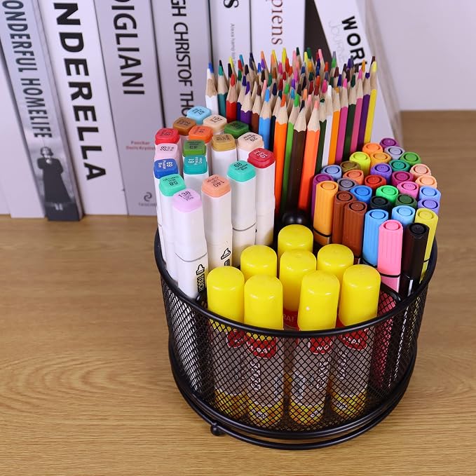 Pen Holder for Desk, 360 Rotating Mesh Pencil Organizer Marker Storage Caddy, Black Large Capacity Desktop Stationery Organizer, 4 Compartments for Home Office School Kids Art Supplies
