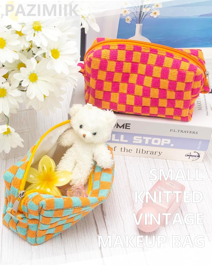 Checkered Makeup Bag for Purse, Small Travel Cosmetic Pouch,Orange Green | Cute Zipper Makeup Organizer for Women, Travel Essentials, Toiletries, Makeup Brushes, Beauty Accessories&Bridesmaid Gifts