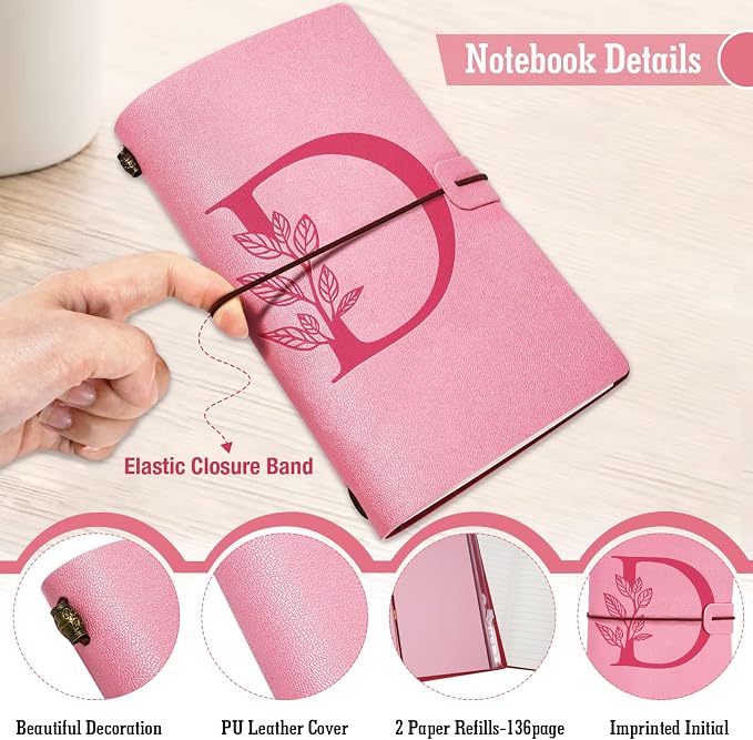 Personalized Journal Gift-Pink Initial Leather Journal+Heart Diamond Pen Set,Travel Notebook Diary Gifts,Refillable Notepads,Christmas,Birthday Gifts for Women Girls (7.9"x4.7") (D)