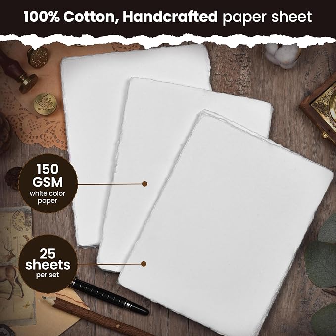 LEATHER VILLAGE Offwhite Deckled Edge Watercolor Paper 25 Sheets 6x8 Inches | Handmade cotton rag paper in natural offwhite tone, 150 GSM thick for calligraphy, letter writing, invitations and ink art