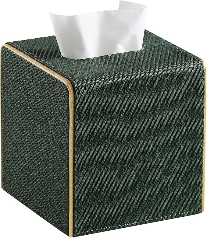 Square PU Leather Tissue Box Cover with Magnetic Closure, Decorative Tissue Holder & Storage Container for Bedroom, Living Room, Dining Room, Bathroom, Countertop, Desk (Square Dark Green Twill)