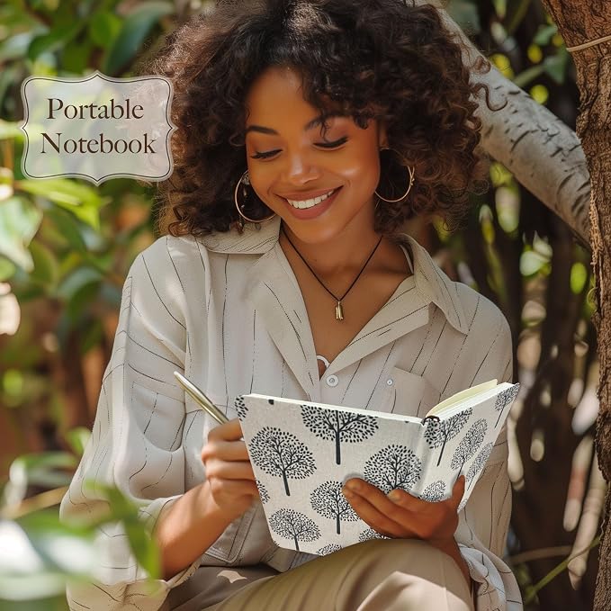 B6 Small Notebooks 5x7, Linen Cloth, Hardcover, Lay Flat, Ruled & Blank 264 Pages Thick Sketchbook, Black Tree Beige Fabric, Wear-resistant Writing Journal