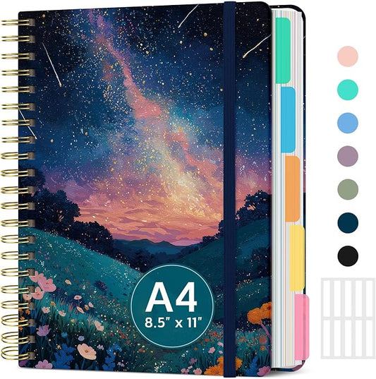 Large Lined Spiral Journal for Women Cute Hardcover 5 Subject Notebook for Work 8.5" x 11" with Removable Dividers & Tabs, College Ruled, 280 Pages Aesthetic Journal for Work, School & Note Taking, Cosmic Petal