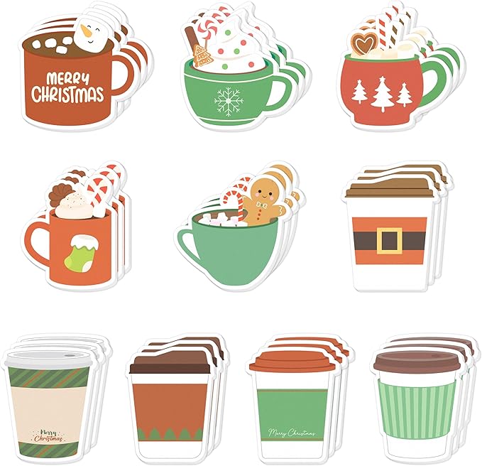 Xqumoi 30 Pack Christmas Coffee Cup Sticky Notes - Xmas Tree Stocking Self Sticky Notepads Self-Adhesive Writing Memo Pads for Latte Lover Gift Office School Supplies Party Favors Goodies Bag Fillers