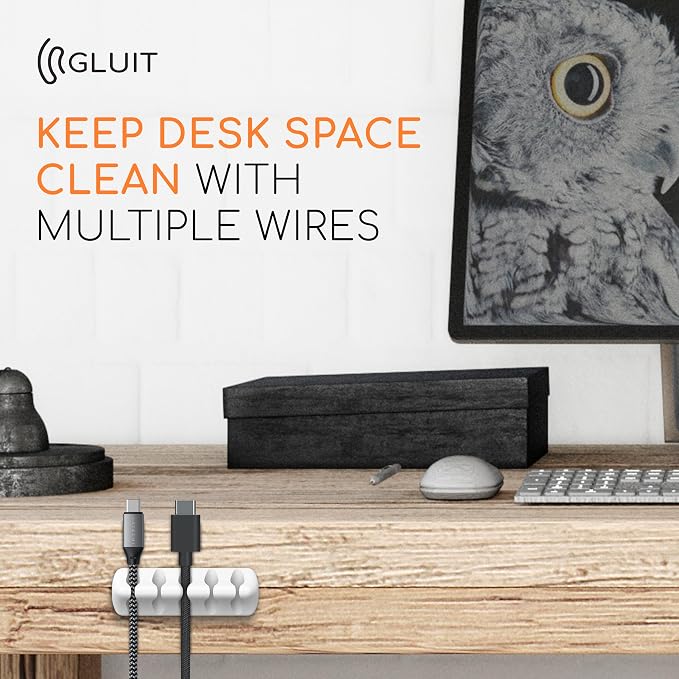 GLUIT Cord Organizer for Desk, Cable Holder for Nightstand, Charger Organizer, Adhesive Desktop Wire Clips, Multislot Cable Management, Table Organizer Accessories (White, 20 Pack, 30 Slots)