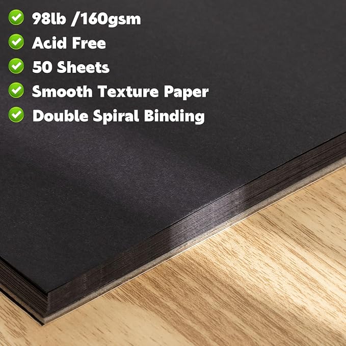 Black Paper Sketchbook 2 Pack, 5.5 × 8.5 in, 100 Sheets, Spiral Bound | 160gsm Acid-Free Black Paper, Sturdy Spiral Binding, Clean Tear-Out Pages, Ideal for Colored Pencils, Chalk, And Gel Pens