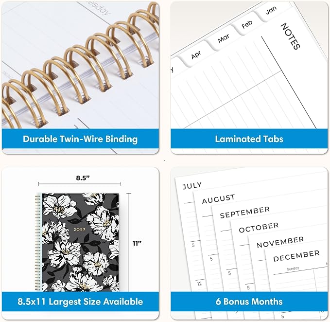 Blue Sky 2027 Weekly & Monthly Planner Calendar, 8.5"x11", Baccara Dark | January 2027 - December 2027, Clear Pocket Cover, Durable Twin Wire Binding, Laminated Tabs, Storage Pocket