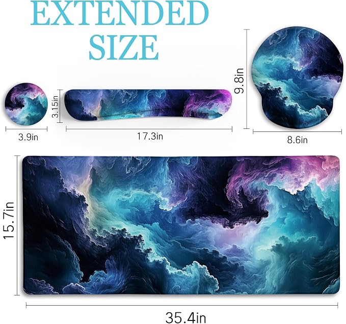 LIMKRIAN Galaxy Mouse Pad Large Desk Matt for Desktop, 4 in1 XXL Mousepad | Ergonomic Mouse Pad with Gel Wrist Rest, Gaming Mousepad Wrist Support, Keyboard Mat, Coaster, Office Desk Decor Accessories