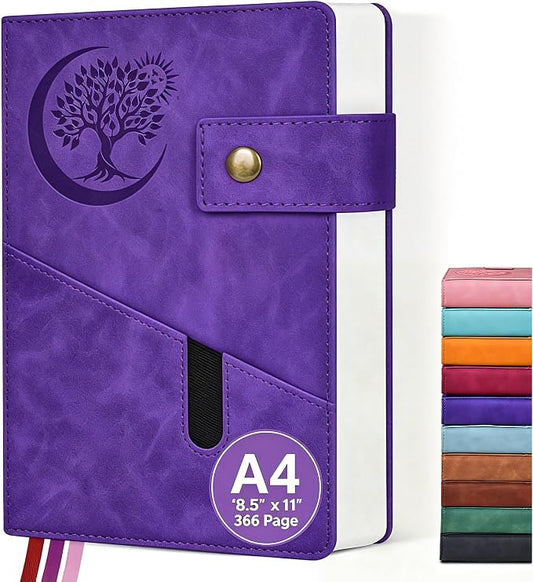 PAIBAS 8.5 x 11 Lined Notebook Journal 366 Pages Leather Journal for Women | Big notebook with 100gsm lined notebook paper college ruled, 3 ribbon bookmarks, front pocket slot & snap button.