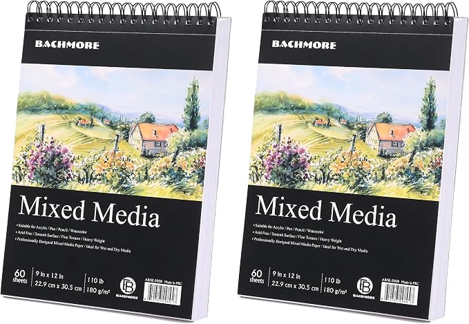 Bachmore Drawing Pad 9X12 Inch (110lb/180g), 60 Sheets, Top Spiral Bound Multi-Media for Artist Pro & Amateurs | Acrylic Art, Ink, Paint, Oil Pastels,Watercolor Mixed Media Sketch (Pack of 2)