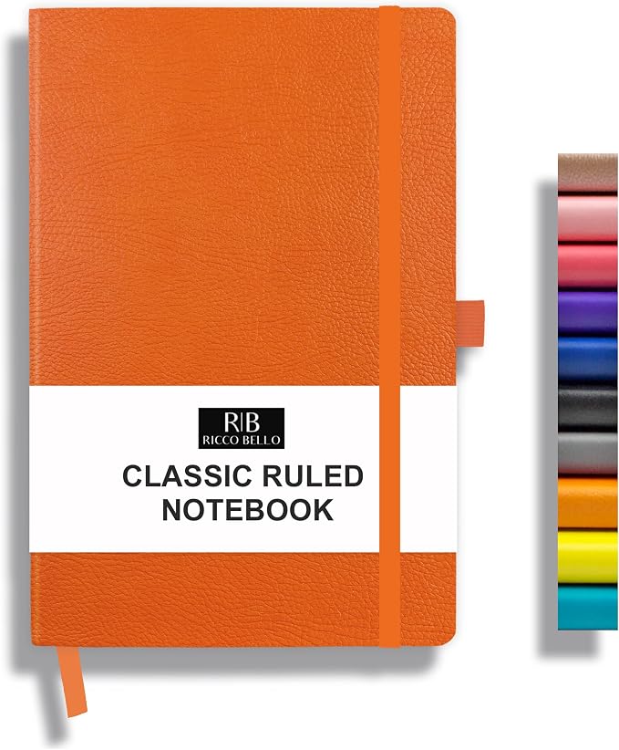 RICCO BELLO Lined Journal Notebook with Pen Holder, Orange | Faux Textured Leather Hardcover, College Ruled, 96 Sheets / 192 Pages, 5.7 x 8.4 Inches, For Work & Notes