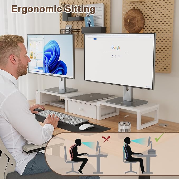 LAND·VOI Heavy Duty Dual Monitor Stand, Holds 2 Screens Up to 27 Inches, Adjustable Length and Angle Monitor Riser, Desk Organizer with Side Pockets and Drawers, Home Office Desk Storage, White