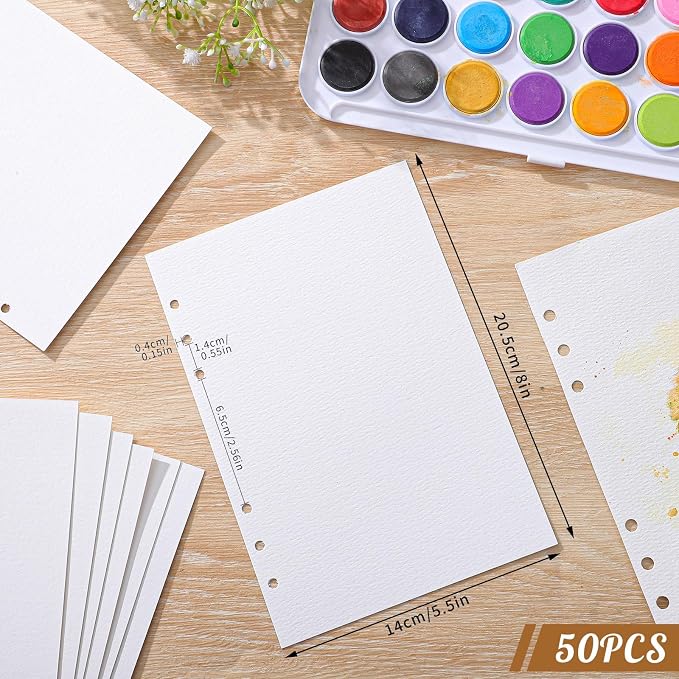 50 Sheets Refill Watercolor Paper for Watercolor Sketchbook, A5 300Gsm | 5.5 x 8 In, Hole-Punched for Binder Sketchbooks, Good Water Absorption, Mixed Media Paper, Durable Texture