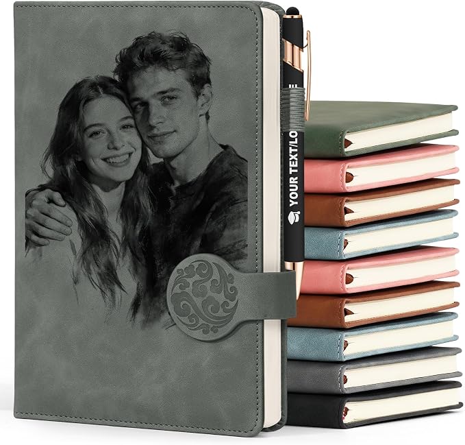 ENOMY Personalized Notebook & 10 PC Pens Set Custom Notebook 200 Pages A5 Leather Journal for Men Women Hardcover Notebooks for Office College Graduation New Year Gifts, Grey