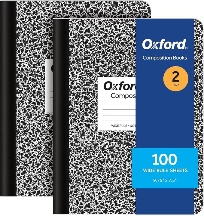 Oxford Composition Notebooks, 9-3/4 x 7-1/2 Inch School Journals, Wide Ruled Paper, Black Marble Covers, 100 Sheets per Book, (1002516), (Pack of 24)