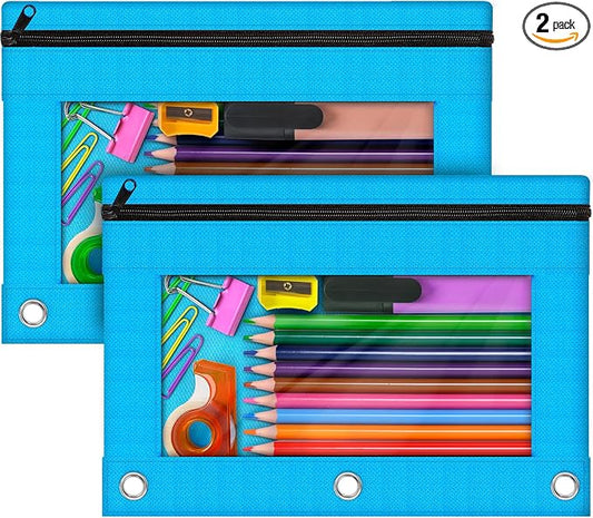 Pencil Pouch for 3 Ring Binder, 2 Pack Pencil Bags with Zipper, Sky Blue Pencil Case for Classroom School Office Supplies, Large Sturdy and Durable Cloth Pencil Pocket for 3 Holder Binder