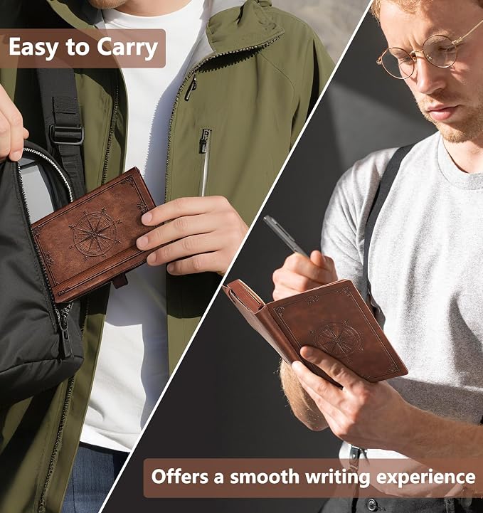 AHGXG Small Lined Pocket Notebook, 256 Numbered Pages, B6 (4.1'' X 5.7'') | College Ruled Mini Journal, Vintage Leather Softcover, 80gsm Paper, for Men Women Work Office School (Brown)