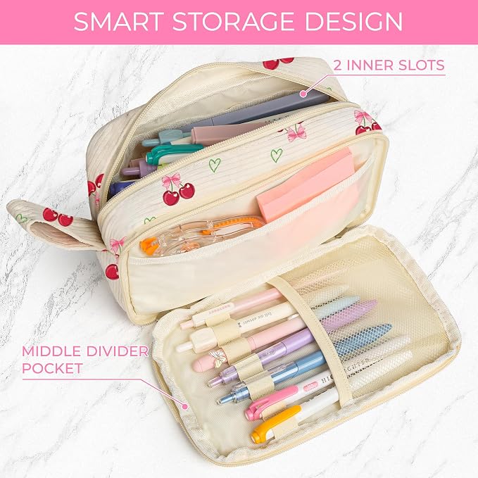 WOBAGMEN Cute Pencil Case,Large Corduroy Zippered Pencil Case Pouch, aesthetic Pencil Bag with Compartments, Pencil Pouch School Supplies (HY-corduroy pc-cherry)