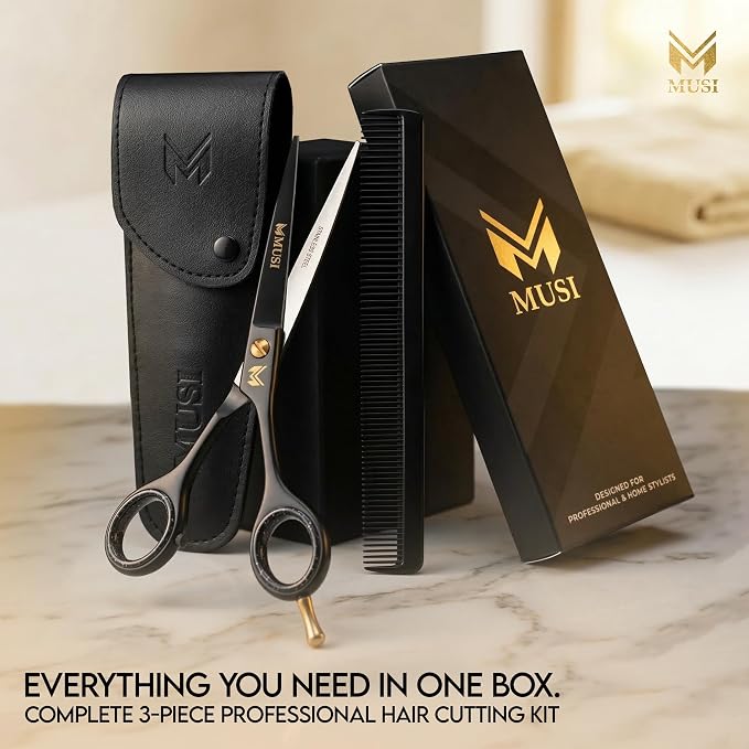 Barber Hair Cutting Scissors 6.5" – 420 Japanese Standard Stainless Steel Hair Scissors – Premium Shears for Professional Haircut – Black Sharp Shears with Hair and Beard Comb