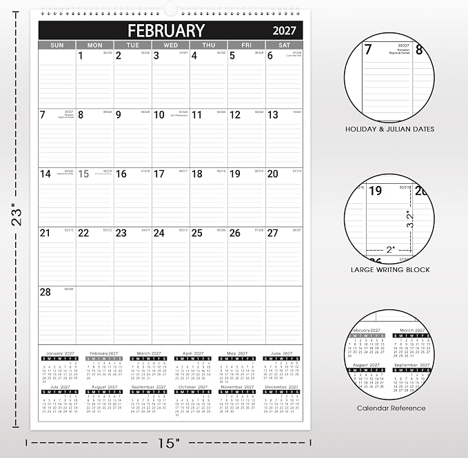 2027 Wall Calendar, 2027 Vertical Large Wall Calendar, 15" x 23" | from Jan 2027 - Dec 2027, Julian Date, Premium Paper, for Home Office Organizing