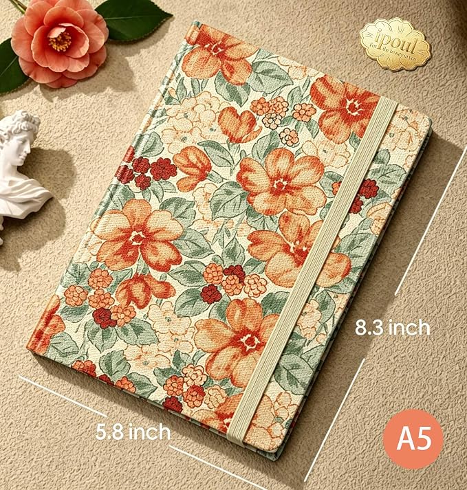 ipoul Writing Journal for Women, Cute Notebook, Lined Paper, A5, 6"x8", Hardcover, Lay-flat, Camellia Flower, Orange