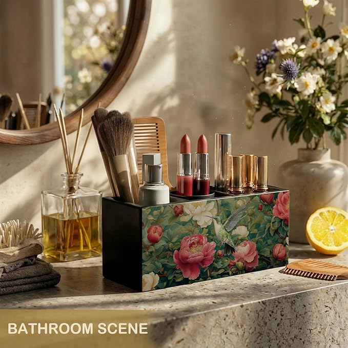 Vintage William Morris Inspired Floral Hummingbird Wooden Pencil Pen Holder for Desk Accessories, Rustic Botanical Hummingbird Bird Makeup Brush Holder Organizer for Bathroom Vanity