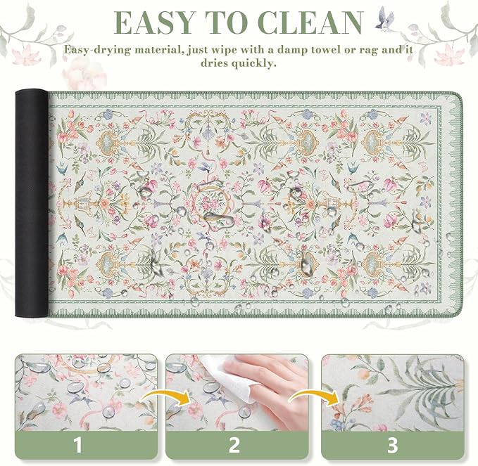 iCasso Desk Cover Mat Green,Extra Large Mouse Pad for Desktop,Anti-Slip Keyboard Pad with Stitched Edges,Cute Floral Computer Mat for Women,Aesthetic Desk Protector for Office Home Dorm