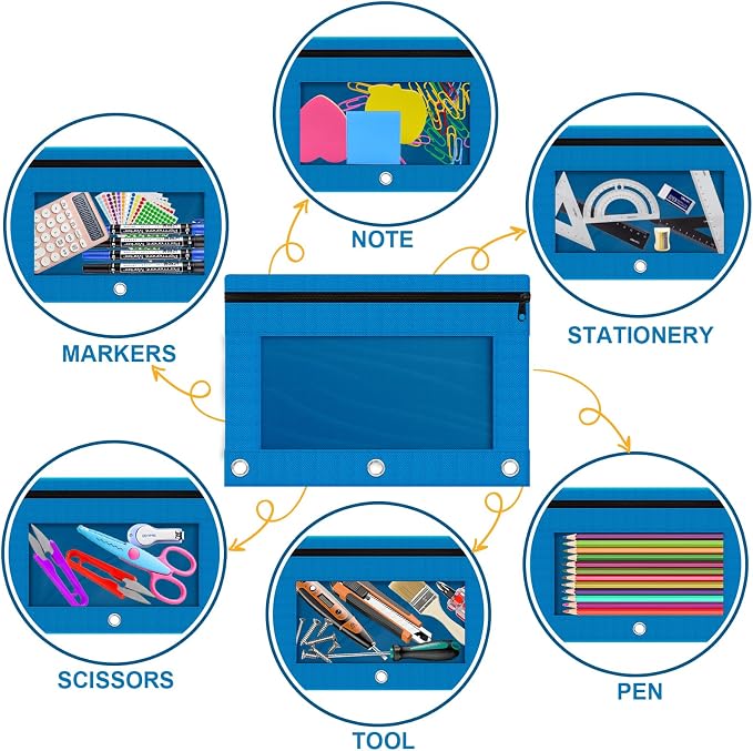 Pencil Pouch for 3 Ring Binder, Bulk 6 Pack 3 Hole Zipper Pencil Pouches with Clear Window, Pencils Bags in Assorted Colors, Sturdy and Durable Cloth Pencils Case for School Office College Supplies