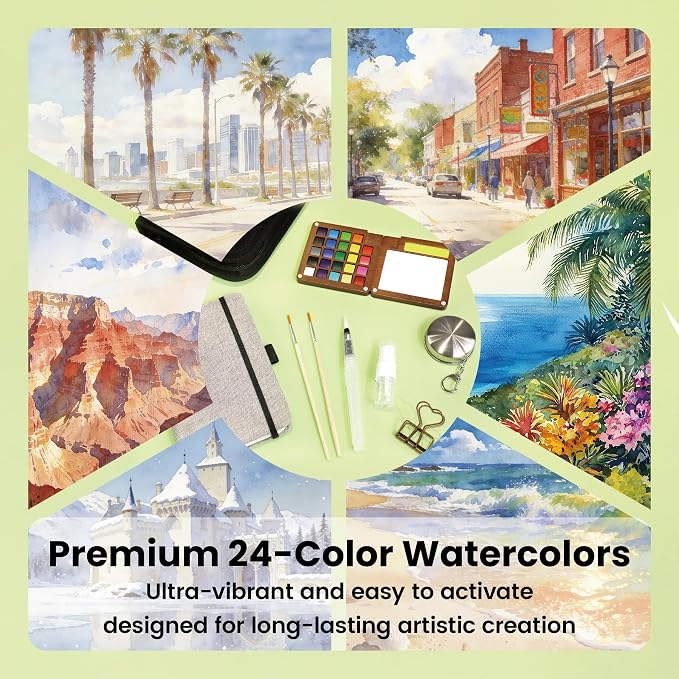 Pagather 24 Colors Mini Watercolor Travel Set, Portable Watercolor Kit with Water Brush, Pocket Size Painting Set for Beginners, Hobbyists & Artists