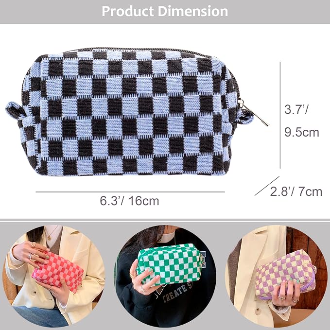 Checkered Makeup Bag for Purse, Small Cosmetic Pouch,Green Blue,2 Pack | Cute Zipper Makeup Organizer for Women, Travel Essentials, Toiletries, Makeup Brushes, Beauty Accessories&Bridesmaid Gifts