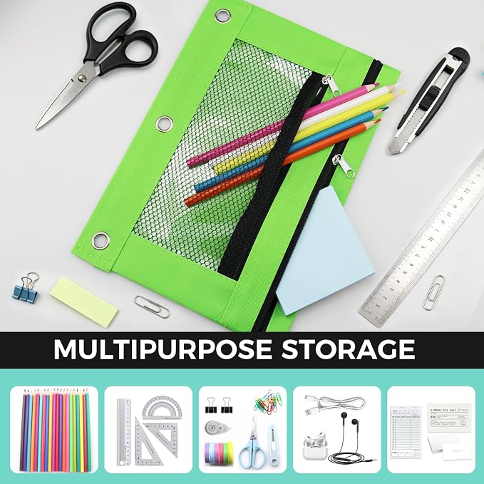 3 Ring Pencil Pouch for Binder, 2-Pocket Zipper Pencil Case with Clear Window & Mesh Pocket, 600D Oxford Fabric Binder Pouch for School Office Supplies, Fits Standard 3-Ring Binders, Green