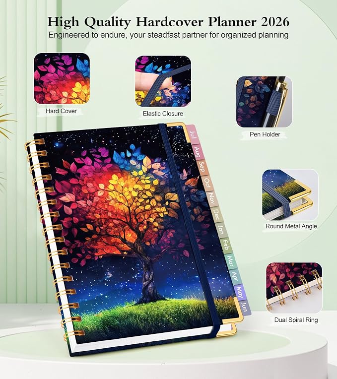 Academic Planner 2026-2027, Hardcover Weekly and Monthly Calendar Planner from July 2026 - June 2027, Daily Agenda Planners with Tabs, College School Organizer for Student Teacher, A4 (8.5" x 11"), Colorful Tree