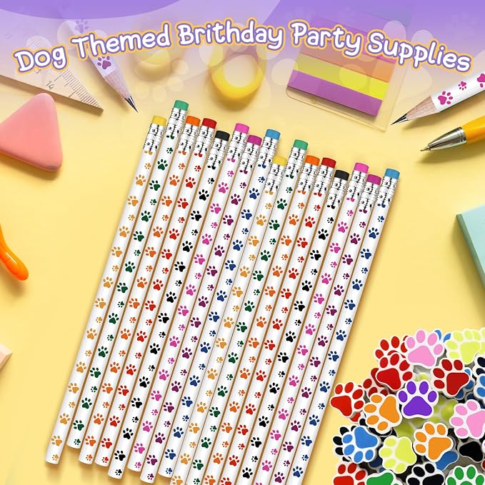 Weecent 48 Pcs Paw Print Pencil Eraser Sets Colorful Wooden Pencils with Paw Eraser for Kids Dog Themed Birthday Party Favors Welcome Back to School Favors Office Supplies