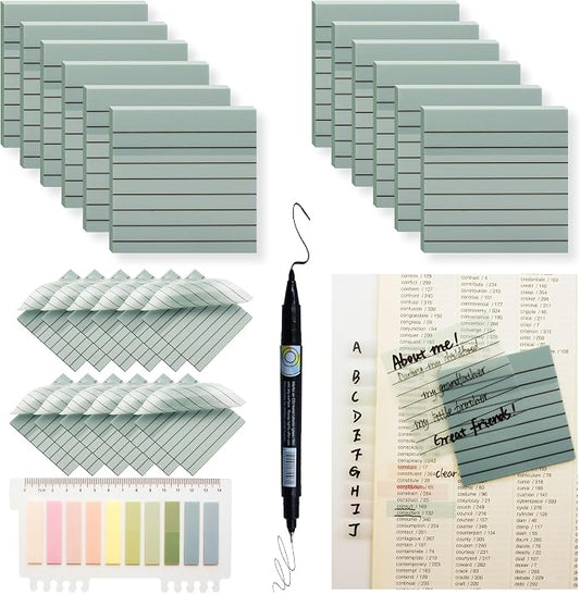 YOUDEFUL 800Pcs Transparent Sticky Notes, Blue Clear Sticky Notes with Lined, 3"x3" Waterproof Translucent Sticky Note Pads, Index Tabs, Clear Post it Notes for Bible Study, See Through Sticky Notes