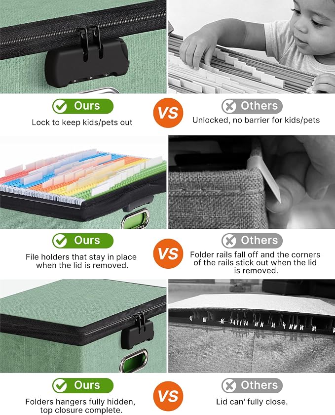 Oterri Lockable File Box Small 2-Pack Hanging Organizer for Letter-Size | Dustproof Lid. 3 Mesh Pockets. Collapsible Scratch-Resistant GRS Linen. Slide Rails. Office, Home, Dorm