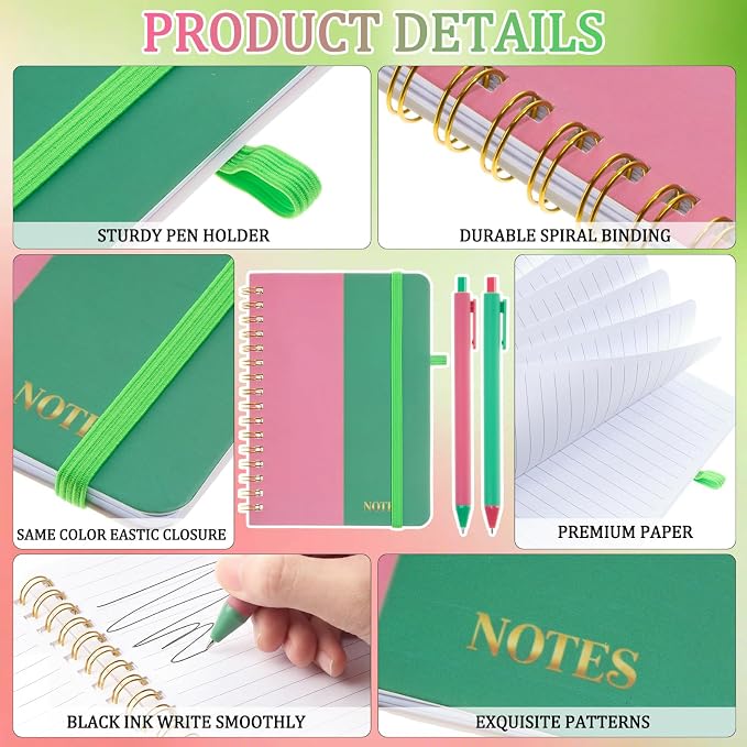 Fulmoon 24 Set Sorority A6 Spiral Notebook with Ballpoint Pens 50 Sheets, 4"x 6" Small College Ruled Notepads Journaling Notebooks Bulk for Back to School Supplies Offices Team Pink and Green Gifts