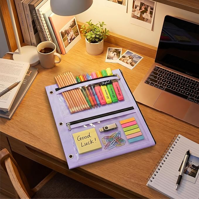 SKYDUE Pencil Pouch for 3 Ring Binder, 3 Compartment Zipper Pencil Case, Large Capacity Pen Organizer with Clear PVC Window for School Supplies, Students, Kids & Teachers