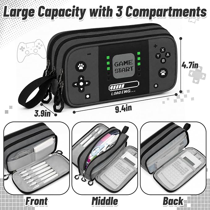 Pencil Case for Boys, Large Capacity Pencil Pouch with Zipper Compartments, Gamer Pen Bag Organizer for School Kids Teens