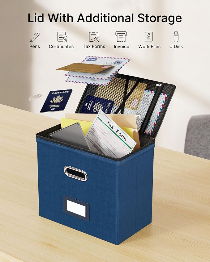 Oterri File Box Small 2-Pack Mesh Pockets Hanging Organizer for Letter-Size | Dustproof Lid. 3 Mesh Pockets. Collapsible Scratch-Resistant GRS Linen. Slide Rails. Office, Home, Dorm