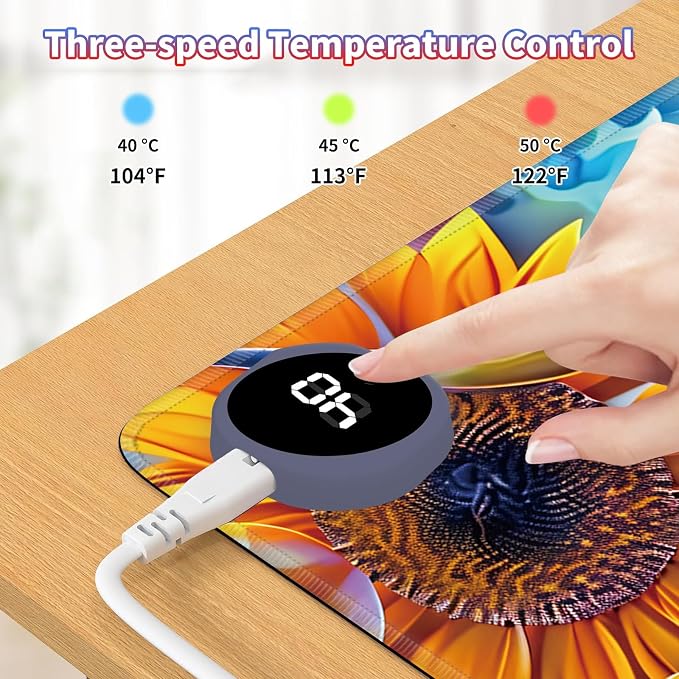 Heated Desk Pad Large Mouse Pad 31.5 x 13 inch with 3 Levels Heating & Auto Shut-Off Warm Mouse pad PU Leather Computer Mousepad for Home Office Work - Sunflower Cow