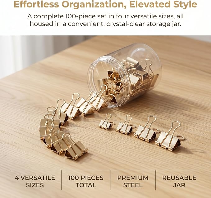 Gold Binder Clips, Assorted Sizes, 100 Pack | Solid Metal, Stainless Steel Handle, Office School Supplies