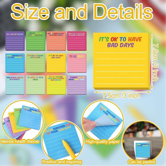 Yinder 24 Pcs Inspirational Sticky Notes, Back to School Supplies, Cute Motivational Sticky Notes Pad Employee Appreciation Gifts Bulk for Teacher Coworker Office 3 x 3'' (Mental Health,Dark Color)