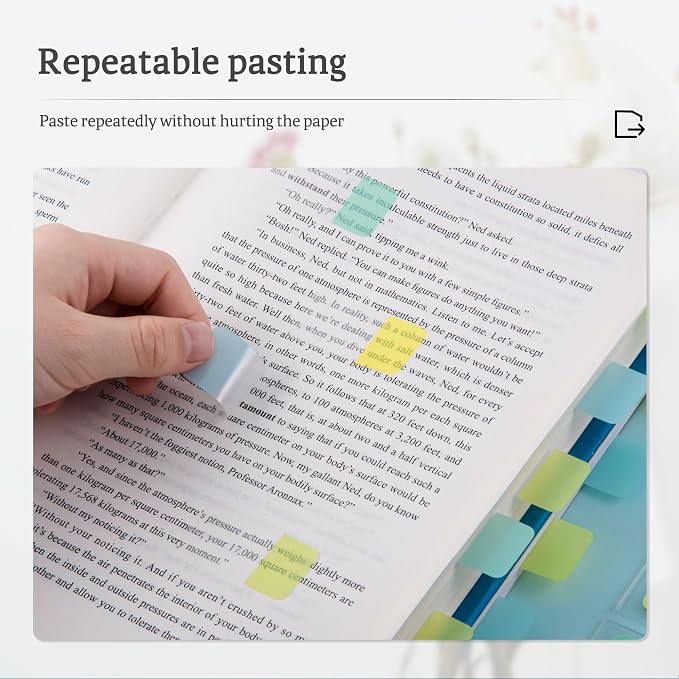 Golcellia 480 Pieces Sticky Index Tabs Transparent Sticky Notes, Colored Page Markers for Bookmarks, Writable and Repositionable Index Annotation Tabs(Teal,Blue,Yellow,Green)