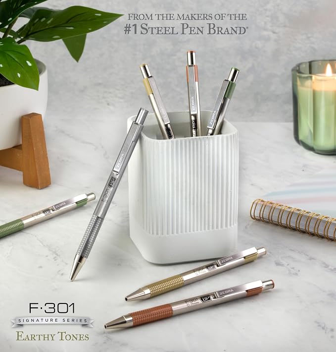 Zebra Pen F-301 Signature Series Ballpoint Pen, Black, 0.7mm, 4-Pk (27244) | Stainless Steel Barrel, Easy-Glide Ink, Sage Earth-Tone Barrel Accents, Fine Point Tip, Ideal for Planners & Note-Taking