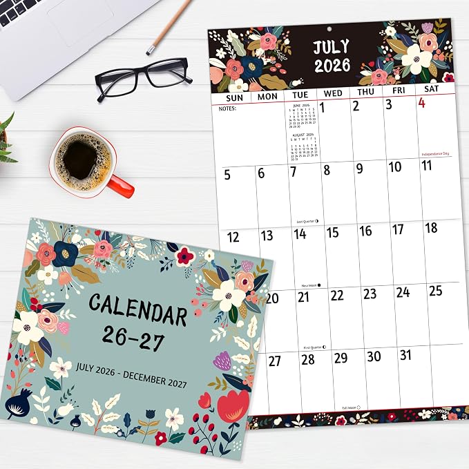 2026-2027 Wall Calendar - Large Print Calendar 2026-2027, 18 Monthly Calendar, Jul. 2026 - Dec. 2027, 14.6 x 22.8 In (Open), with Big Numbers, Large Grid, Notes, Moon Phases, Great for Planning