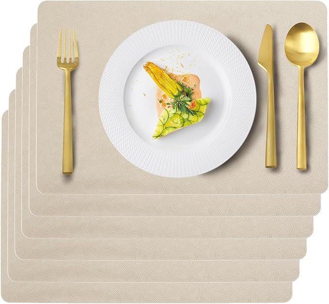 Beige Plastic Placemats Set of 6, Faux Leather Waterproof Table Mats | Beige Vinyl placemats,Wipeable and heat resistant table mats.Easy to clean,great for indoor and outdoor