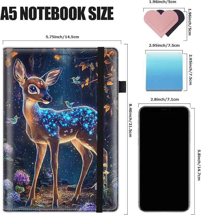 Hardcover Executive Notebooks, A5 PU Leather Lined Journal Notebook, 200 Pages Thick Paper Subject Notebooks for School,Work,Home Writing Business Notebook, Diary Book, Flash Deer in Forest