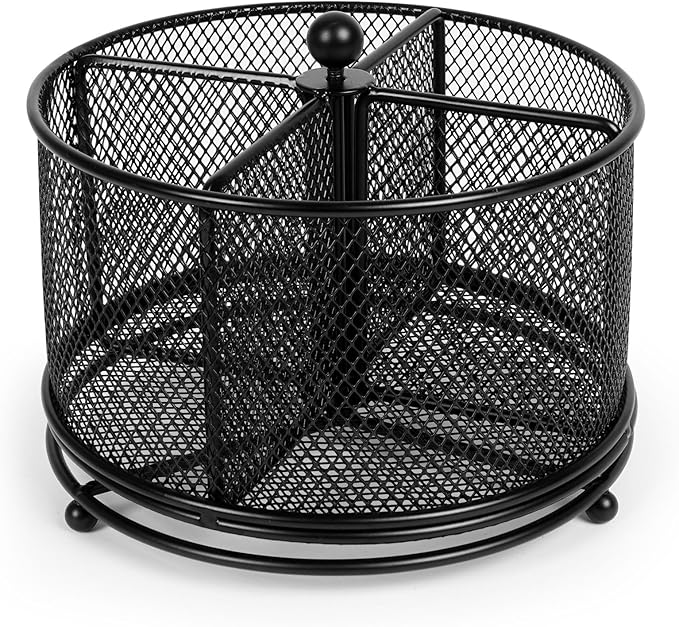 360° Rotating Multifunctional Pen Holder, Cosmetic Organizer, Cutlery Holder for Kitchen, Party Camping Picnic, Dressing Room, Desktop Stationery Storage, 4 Compartments Mesh Large Capacity Storage