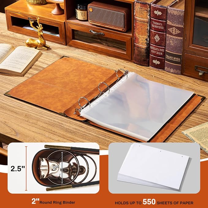 Ovesmusl PU Leather 3 Ring Binder Fits 8.5"x11" Letter Size Paper, 2 Inch Round Ring Binder Holds 500 Sheets, Notepad Paper Cover Loose Leaf Organizer, Green Sun